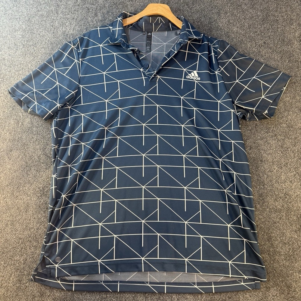 Adidas Golf Polo Shirt Mens Large Blue Geometric Print Performance Short Sleeve